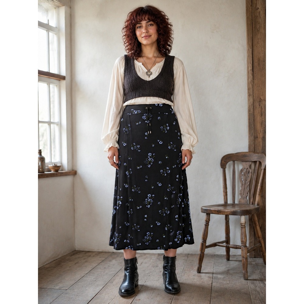 Boho Cottage Whimsigoth Slinky Y2K 90s Black Blue Floral SideSlit Maxi L Skirt